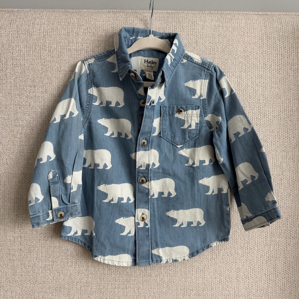 Hatley Light Blue Shirt with White Bear Pattern NWT 18-24 mo